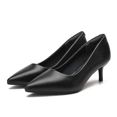 China Classic Style Medium Thin Pointed Black Leather Light Leather Single Toe Ladies Women Office Single Rubber Shoes Work Shoes 2021 New for sale