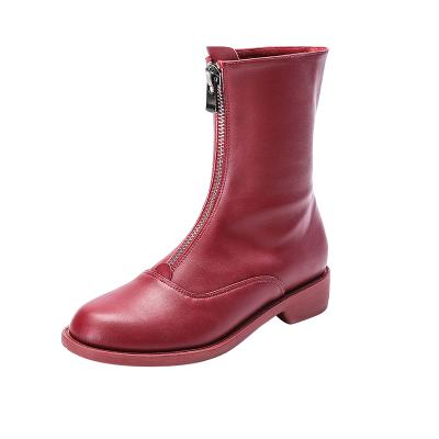 China Lightweight newcomers fashion red leather velvet trimming flat medium tube boots woman modern winter fur boots for women for sale