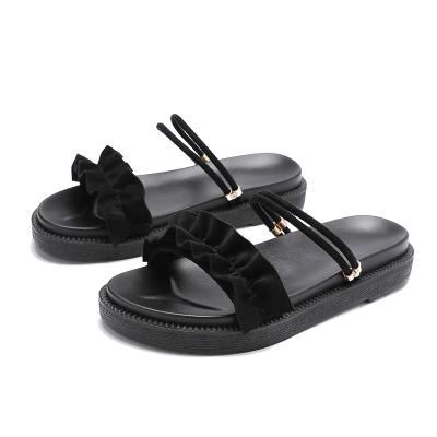 China Fashion Trend 2021 New Style Summer Style Adjustable Black Beige Soft Ruffle Thick Sandals Slipper Unique Shoes for Women and Ladies for sale