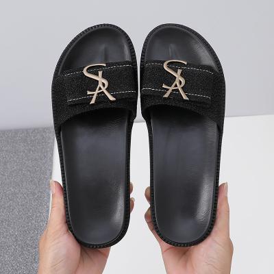 China Wholesale Fashion Trend Style New With Letters Black Gray Flat Thick Sole Slipper Summer Women Slipper Anti-slip Unique Rubber Shoes 2021 for sale