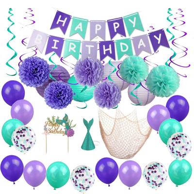 China Beautiful Colorful Happy Birthday Decoration Party Set Happy Birthday Flag Mermaid Green Purple Balloons Birthday Party Decoration Set for sale