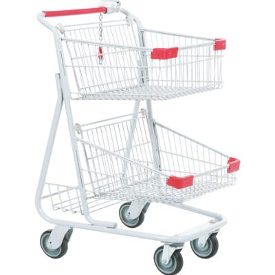 China Cheap Double Trolley Powder Coating Baskets Push Shopping Baskets With Wheels 2 Baskets Trolley Metal Frame Supermarket Trolley for sale