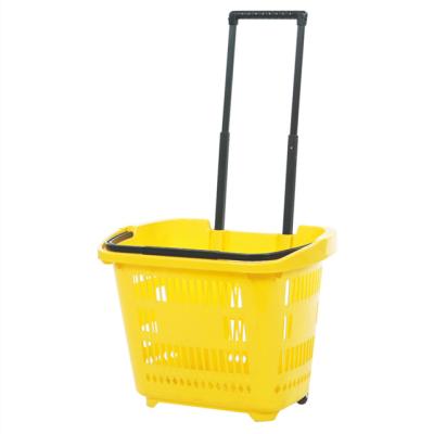 China 60L Supermarket Handle Rolling Plastic Supermarket Shopping Cart With 4 Wheels for sale