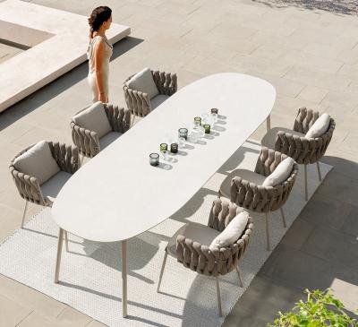 China Modern Design Contemporary Outdoor Furniture Garden Cord Woven Dining Chair Marble Top Dining Table for sale