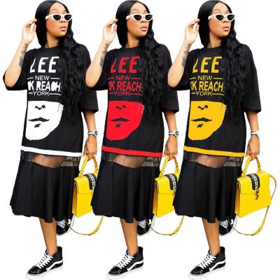 China Amazon Dry Cleaning Summer Hit Women's Large Letter Print Long Skirt Dress Dress Mesh T-shirt for sale