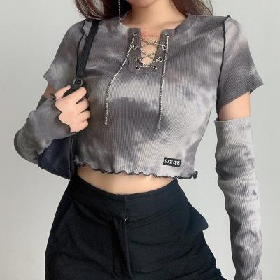 China New Design Chain Chest Chain T-shirt Autumn Short Sleeve Tie Dye Long T-shirt Women Cavity Embroidery Tiny QUICK DRY QUICK DRY for sale