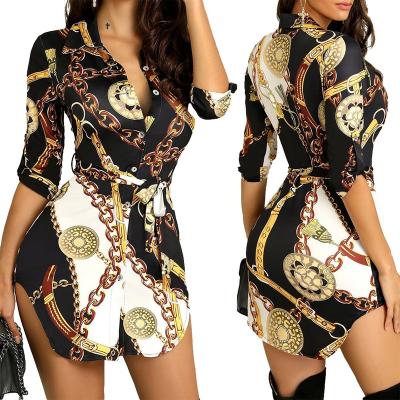 China 2020 Autumn/Winter Fashion Sexy Gold Breathable Chain Print Dress Breathable Wholesale Button Shirt Dress for sale