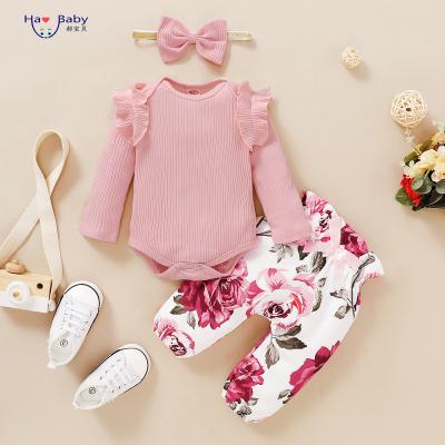 China Western Style Hao Baby 2021 Girls Spring And Autumn New Fashion Solid Color Tops Floral Print Pants Three Piece Set for sale