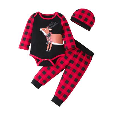 China Hao Baby Autumn And Winter Long Wrap Three Piece Set New Casual Red Plaid Elk Christmas Costume Romper for sale