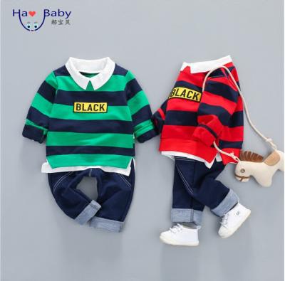 China Hao Baby Spring and Autumn Children Suit Boys Lapel casual striped letter jeans casual two-piece set for sale