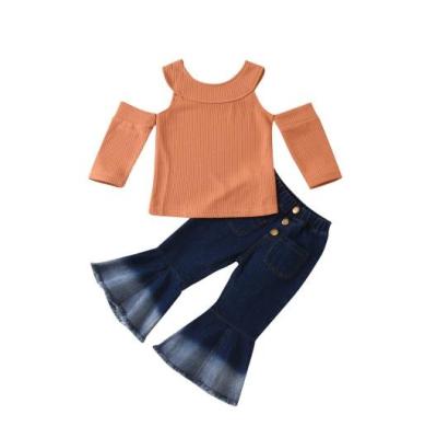 China Others Hao Baby 2022 New Girls Children's Clothing Sets Solid Color Round Neck Top + Flared Pants Kids Suit for sale