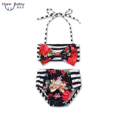 China The fabrics is comfortable and fashion. Hao Baby Summer New Children's Swimwear Girls Swimsuit Bikini Black And White Stripes Two-piece Suit for sale