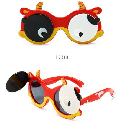 China High Quality Fashion Sunglasses Flip Up Silicone Frame TAC Printing Cow Lens Double Color Funnny Sunglasses Cool Kids Children for sale