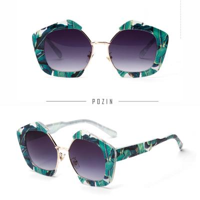 China Fashion Sun Glasses Half Frame Printing Green Banana Leaf Pentagon Frame Transparent Clear Sunglasses for sale