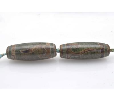 China Wholesale Natural Gemstone Ancient Tibetan Dzi Bead Than Gzi Bead 14*40mm Green Smooth Bead For Jewelry Necklace Making for sale