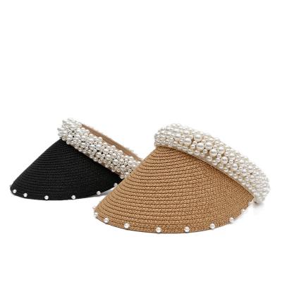 China New Design Raffia Sun Visor Picture Hat Outdoor Travel Beach Hat Female Handmade Empty Pearl Top Straw Hat for sale