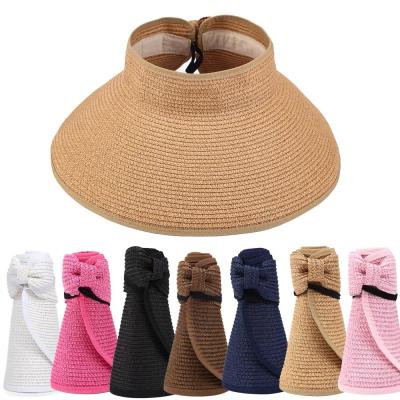 China Travel Soft Comfortable Bowknot Soft Sun Visor Covers Empty Top Straw Hats Parent Child Summer Beach Adult Foldable Wide Brim Hats for sale