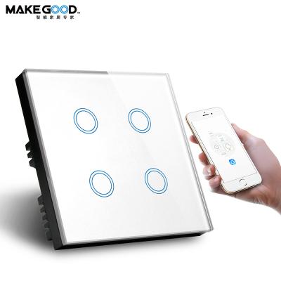 China Standard 86mm Lightweight UK Glass Panel 4Gang 2Way Smart Wifi Touch Switch Use Alexa&Google Home Control for sale