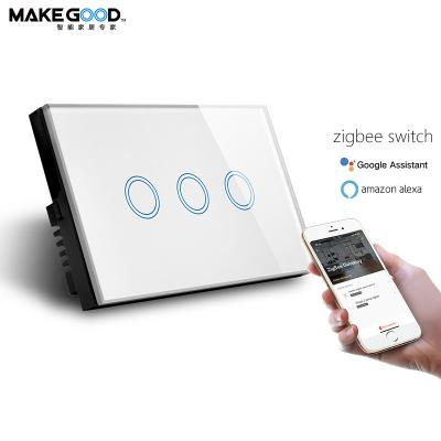 China Tempered Glass Panel 3Gang Smart Zigbee Switch Glass+PC AU/US Standard Touch Screen Compatible Alexa and Google Home Support Zigbee 3.0 Version for sale