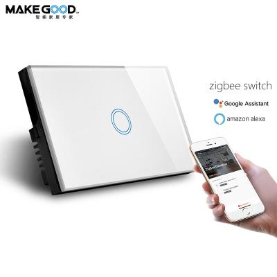 China Tempered Glass Smart Light Switch Glass+PC AU/US and Google Standard Touch Panel 1Gang Zigbee Home Alexa Touch Compatible Zigbee Switch for sale