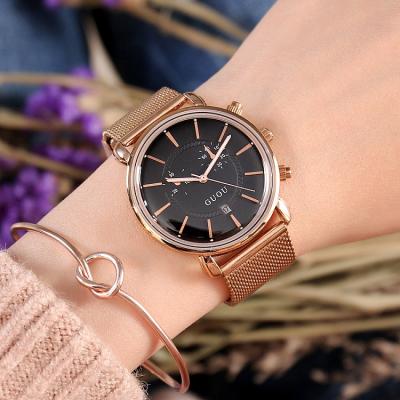 China Automatic Date GUOU 8198 Fashion Mounted Gold Quartz Female Watch Hot Sale Mesh Strap Water Resist Date Display Ultra Thin Casual Watch Set for sale