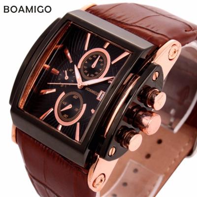 China BOAMIGO 2098 Brown band dials waterproof decoration high quality quartz watch male activity old genuine leather sports watch for sale