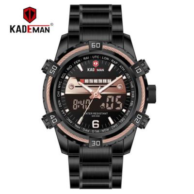 China New design day/date KADEMAN 6173 black gents digital watch stainless steel time luxury dual band moq 1 sports relogio musculino waterproof for sale