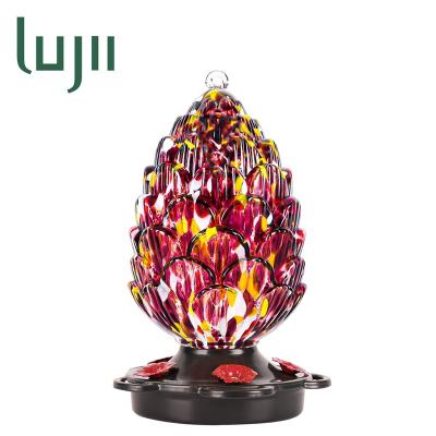 China LUJII Automatic Pine Hummingbird Cone Shaped Feeder For Outdoor Hanging Hand Blown Glass 25 fl.oz With Hanging Hook Ant Moat for sale