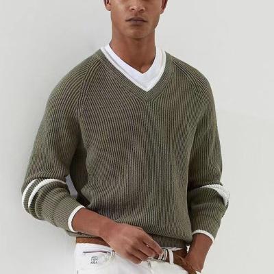 China Wool blend Winter Custom Men's Rib Pullover Knitting Sweater Fashion V-Neck  Solid Knitted Sweater For  Men for sale