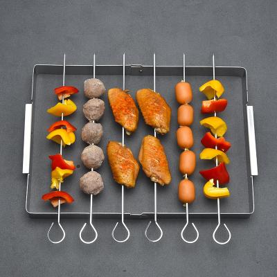 China New design easily cleaned folding skewer holder set, stainless steel kebab skewer holder stand for 6 skewers for sale