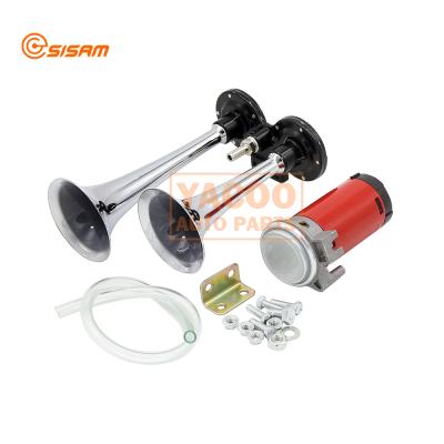 China ABS 12v Two Way Silver Chromed Roots Gas Electric Car Auto Vehicle Dual Trumpet Horn Through Small Air Horn With Compressor for sale