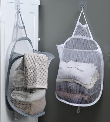 China Wholesale Minimalist Laundry Basket Bag Bathroom Laundry Basket Mesh Wall Hang Foldable Dirty Foldable Hook for sale