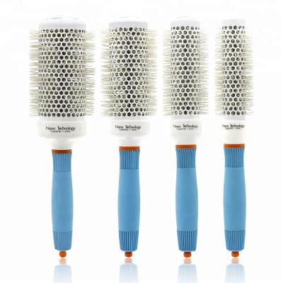 China Professional Blue Anti-Static Silicone Handle Around Ceramic Hair Styling Comb Salon Barber Fluffy Hair Blowing Brush Tangle Hairbrush Ceramic Rolling Comb for sale