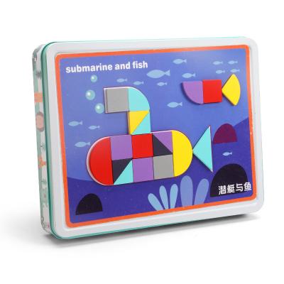 China Office\Garden\Home\School Hot Selling Magnetic Puzzles Games Drawing With Creative Building Blocks Power Submarine And Fish Toys Geometric Wooden Puzzle for sale