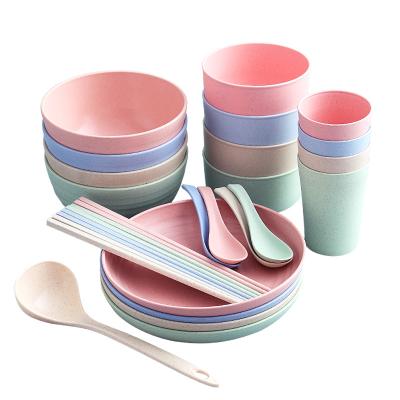 China Zen Pink 25 PCS Wheat Straw Cookware Sets Eco Dishes Dinner Plates Kids Dishes Sustainable Biodegradable Dinner Plates Dinnerware Sets for sale