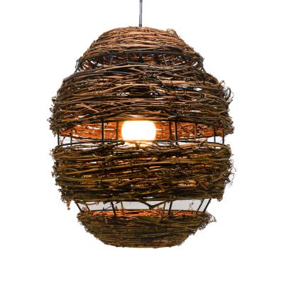 China Modern Modern Hang Handmade Wicker Bamboo Bird Rattan Wood Case Lamp Led Pendant Light for sale