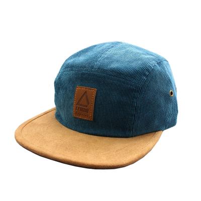 China breathable & Custom Wholesale Yellow Waterproof Leather Patch Corduroy 5 Panel Camper Hat 5 Panel Camper Hat for sale