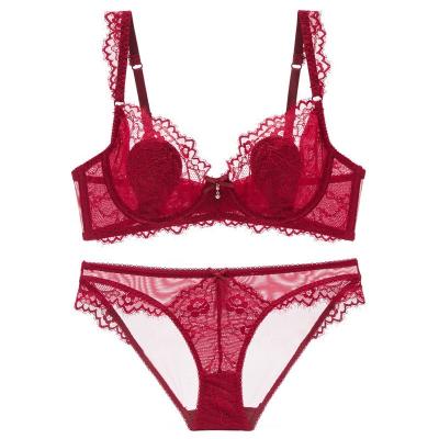 China QUICK DRY RTS A to D Cup Red Christmas Lace Underwire Fancy Bra and Brief Set for sale