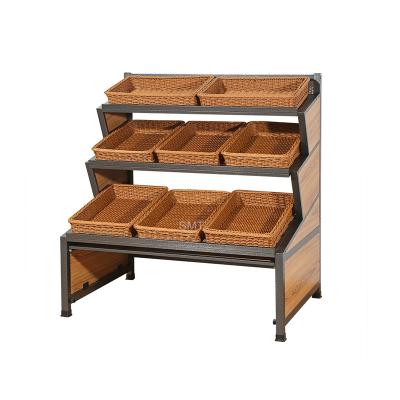 China Supermarket Retail Store Metal Wooden Bread Display Rack Gondola Supermarket Double Sided Wooden Shelf for sale