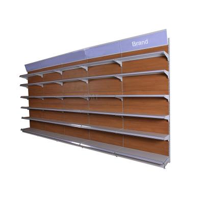 China Double Sided Modern Supermarket Store Wooden Rack Shelves Wooden Shelf Display Gondola Steel Rack for sale