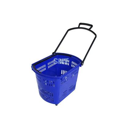 China 45L Environmental Friendly Shopping Basket Rolling Plastic Laundry Shopping Basket With 4 Wheels for sale