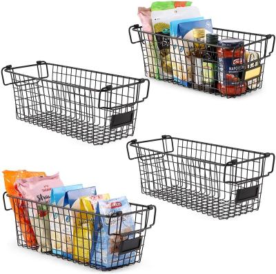 China Custom Black Stocked Iron Storage Basket With Handle Wire Multifunctional Home Kitchen Vegetable Storage Basket for sale