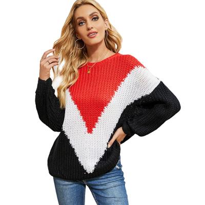 China Anti-Wrinkle 2022 New Autumn Winter Loose Plus Size Striped Pattern Sweater Hot Selling Splicing Sleeve 0 Neck Sweater Women Long for sale