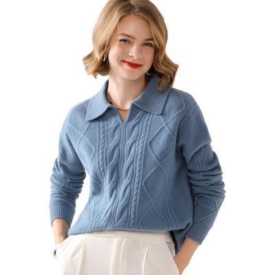 China Anti-wrinkle Europe and America Sales Warm V-Neck Knitwear Breathable Cable Knitted Pattern Women Pullover Sweater for sale