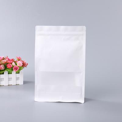 China Recycled Materials White Color Pouch Stand Up Paper Eight Side Sealing Resealable Bag Flat Bottom Zip Lock Tote Bag With Window for sale