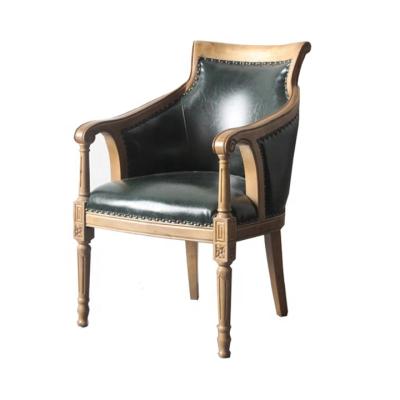 China Hand Carved Wood Frame Vintage Wood Frame Dark Green PU Leather Dining Chairs With Arms for sale