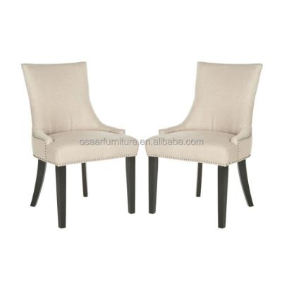 China Nordic Nail Headed Dining Room Furniture Upholstered Beige Linen Fabric Dining Chairs for sale