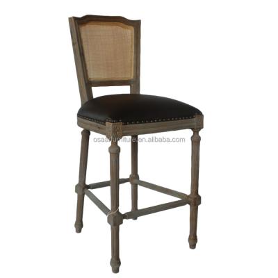 China French Farmhouse Country Furniture Rattan Cane Back Brown Leather Wood Bar Stool for sale