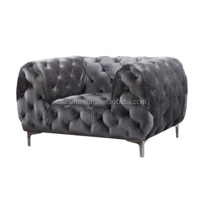 China Modern Design Tufted Gray Velor Stainless Steel Legs Chesterfield Sofa Chair for sale