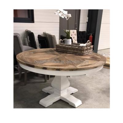 China French Rustic Wooden Round White Top Farmhouse Decor Vintage Parquet Flooring Round Dining Table for sale